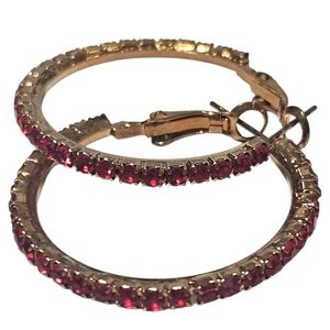 Gold-Tone Red Rhinestone Hoop Earrings – Classic Sparkle Design